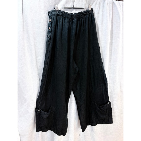 bryn Walker Pants - Bryn Walker Black Linen Wide Leg Cropped Pants Ankle Pockets Button Detail L USA